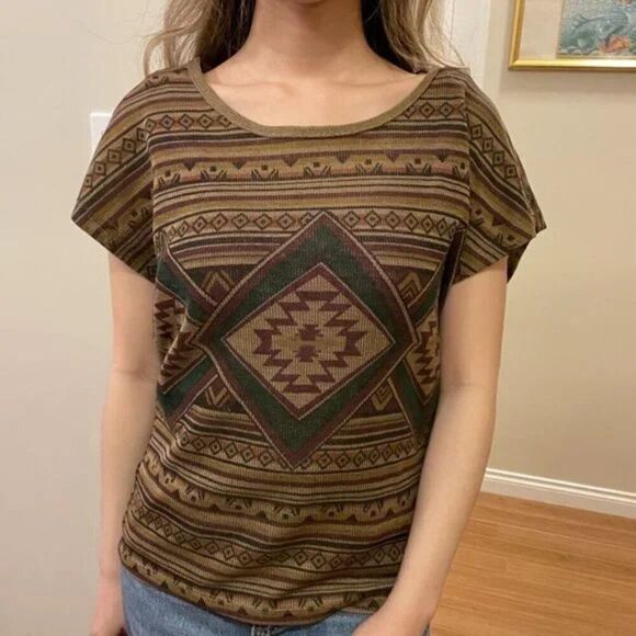 Dex Aztec Print Brown Knit Tunic Blouse - S - Picture 9 of 11